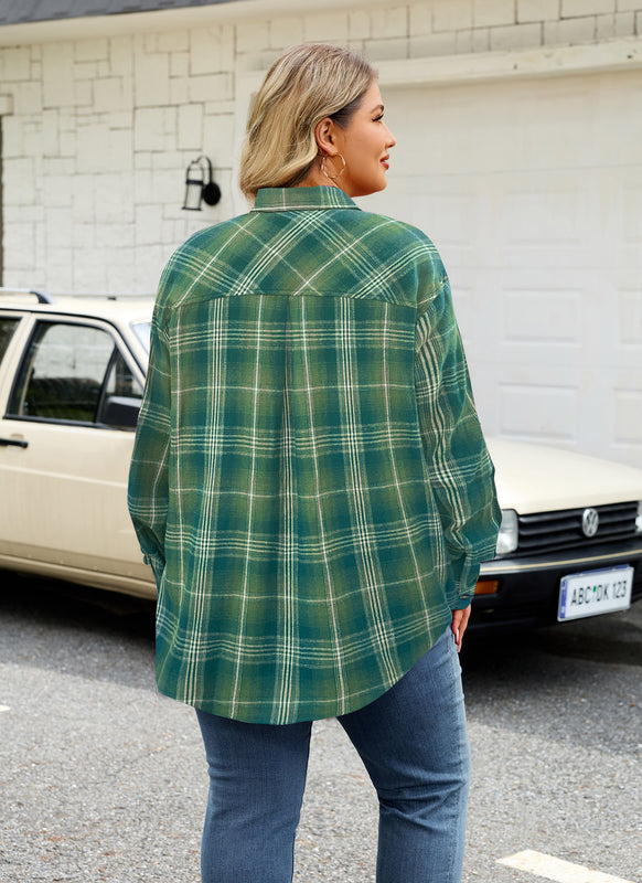 Women's Plus Size Sage Green Plaid Flannel Shirt | Long Sleeve Button Down