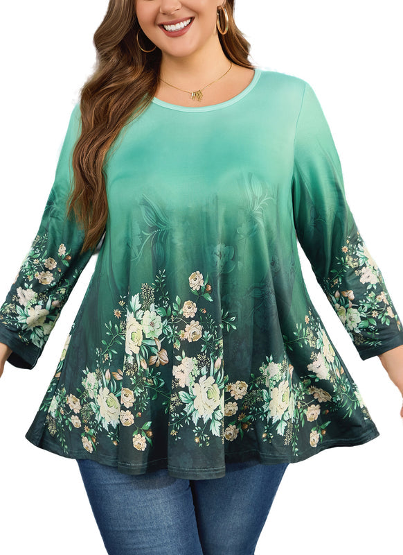 Women's Plus Size Green Floral Tunic Top – 3/4 Sleeve Swing Flare Blouse