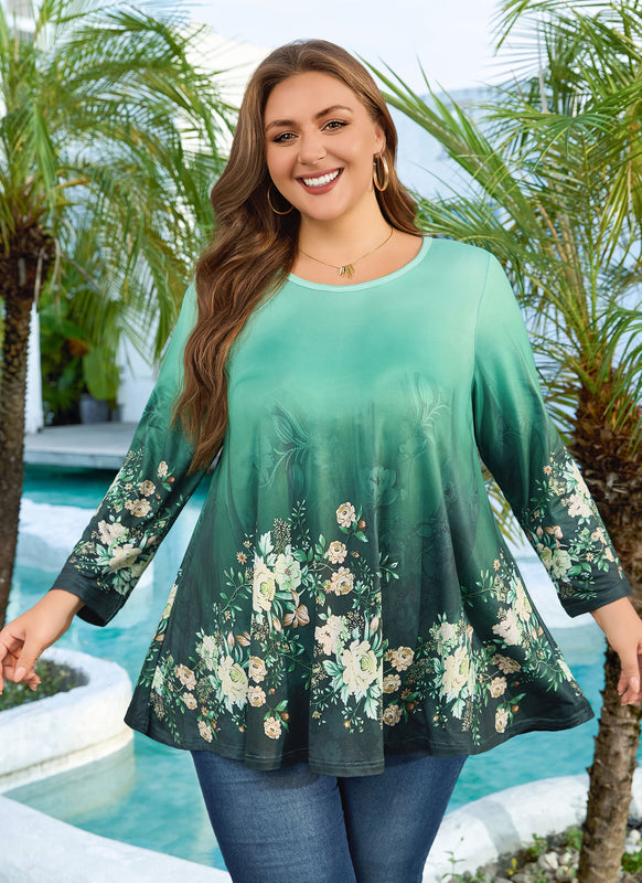 Women's Plus Size Green Floral Tunic Top – 3/4 Sleeve Swing Flare Blouse