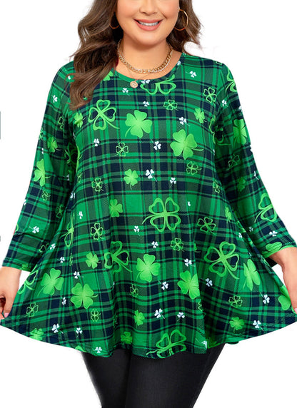 Women's Plus Size St. Patrick's Day Shamrock Tunic Top – 3/4 Sleeve Ruffle Hem Blouse