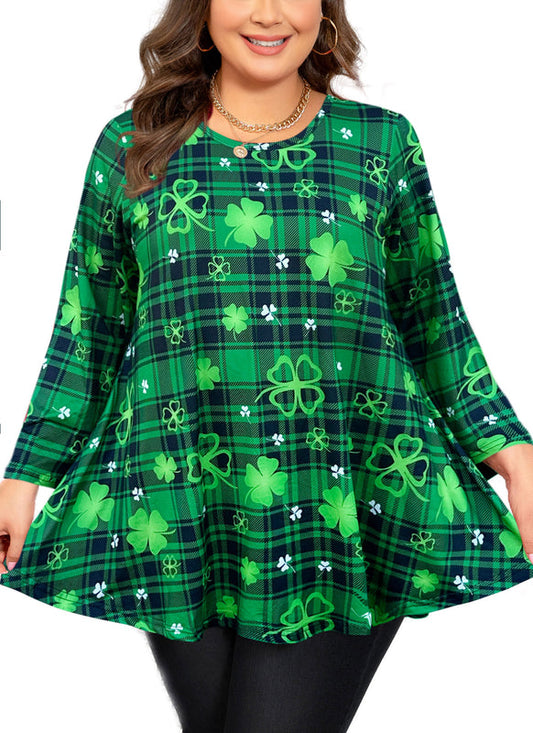 Women's Plus Size St. Patrick's Day Shamrock Tunic Top – 3/4 Sleeve Ruffle Hem Blouse