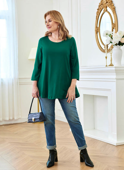 Women's Plus Size Teal Green Tunic Top – 3/4 Sleeve Swing Flare Blouse