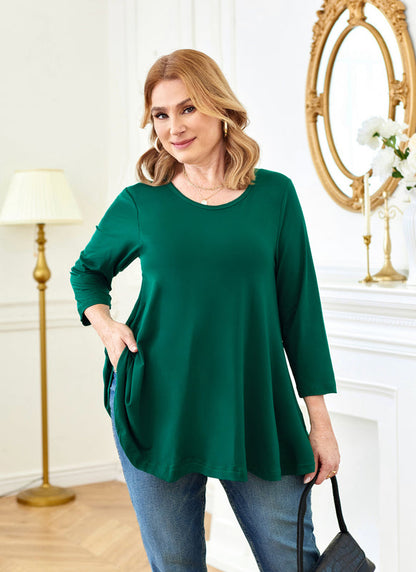 Women's Plus Size Teal Green Tunic Top – 3/4 Sleeve Swing Flare Blouse