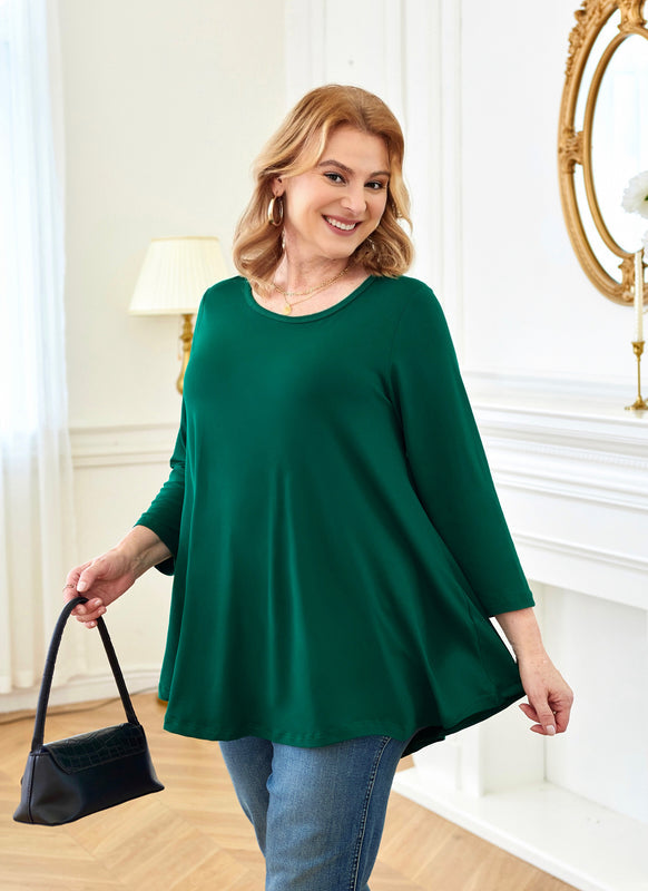 Women's Plus Size Teal Green Tunic Top – 3/4 Sleeve Swing Flare Blouse