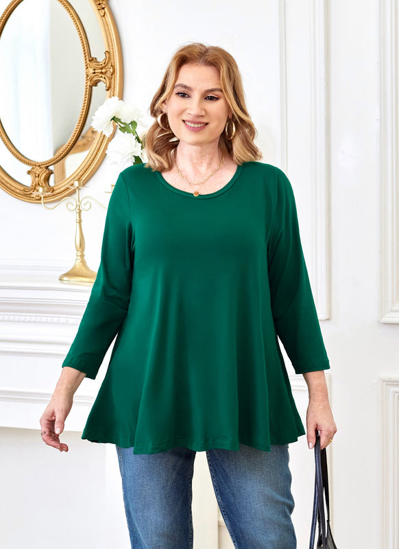 Women's Plus Size Teal Green Tunic Top – 3/4 Sleeve Swing Flare Blouse