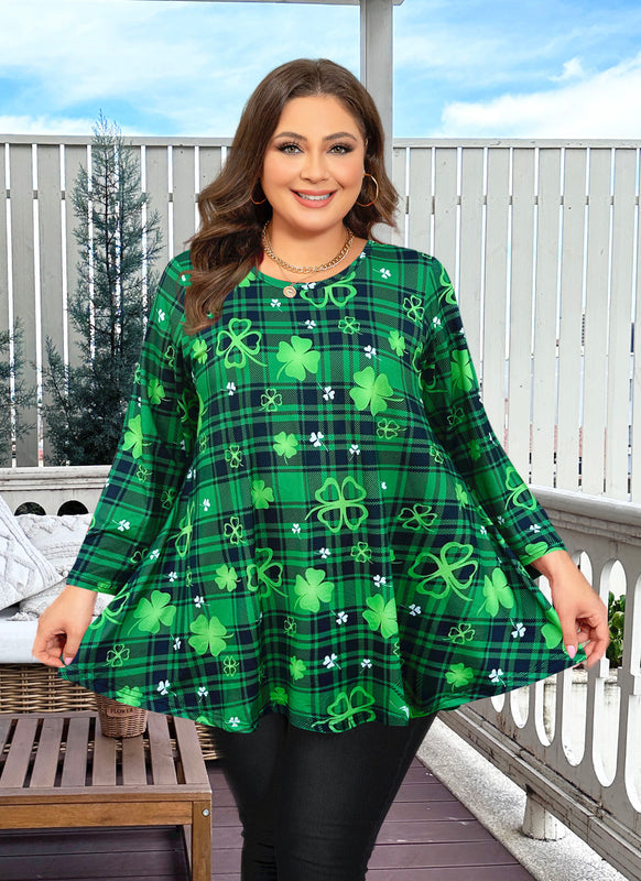 Women's Plus Size St. Patrick's Day Shamrock Tunic Top – 3/4 Sleeve Ruffle Hem Blouse