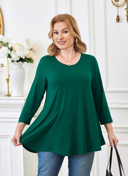 Women's Plus Size Teal Green Tunic Top – 3/4 Sleeve Swing Flare Blouse