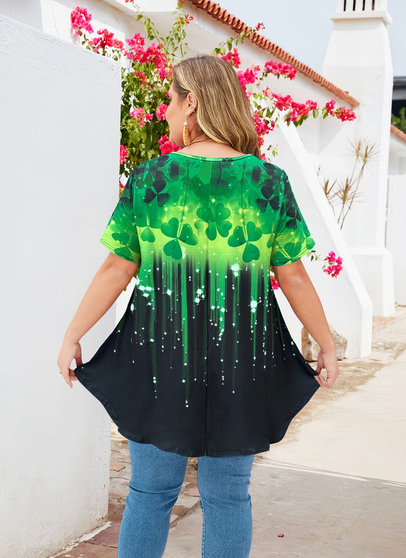 Women's Plus Size Green Leaf Print Tunic Top – Short Sleeve Swing Blouse