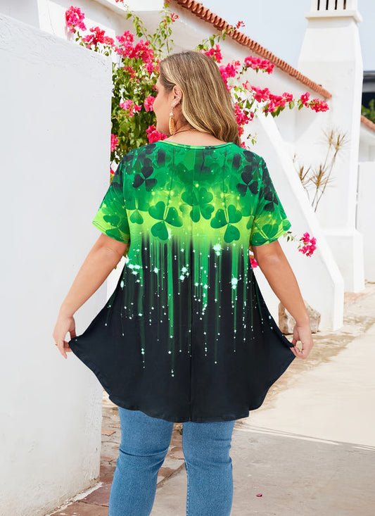 Women's Plus Size Green Leaf Print Tunic Top – Short Sleeve Swing Blouse