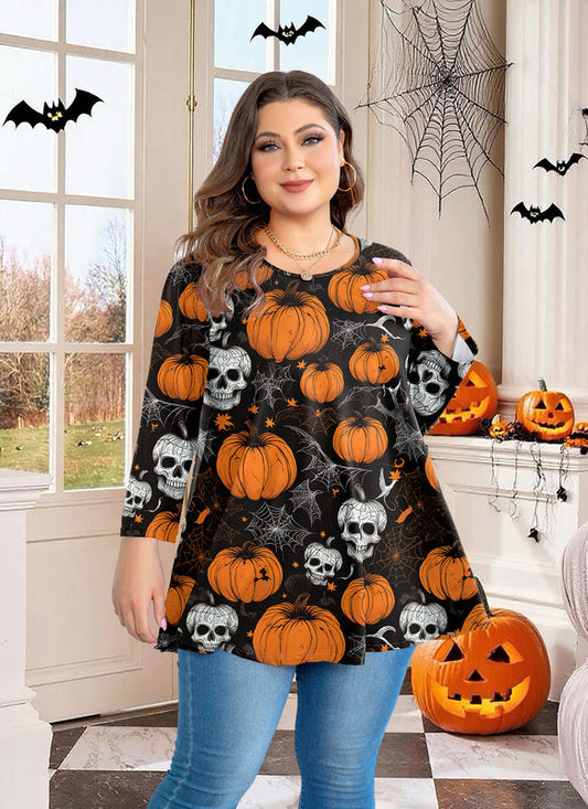 Halloween Pumpkin Skull Print Tunic Top – Women's Plus Size 3/4 Sleeve Swing Blouse (S–7XL)