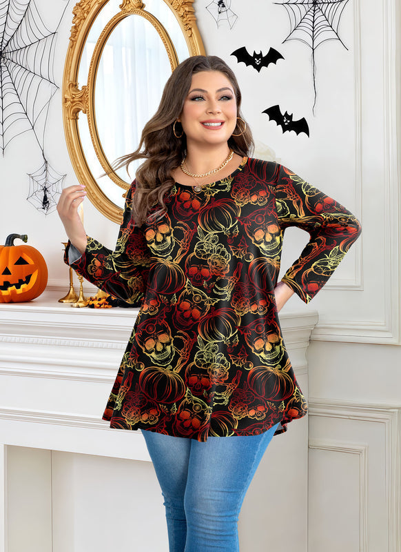 Women's Plus Size Halloween Tunic Top – 3/4 Sleeve Spooky Swing Flare Blouse