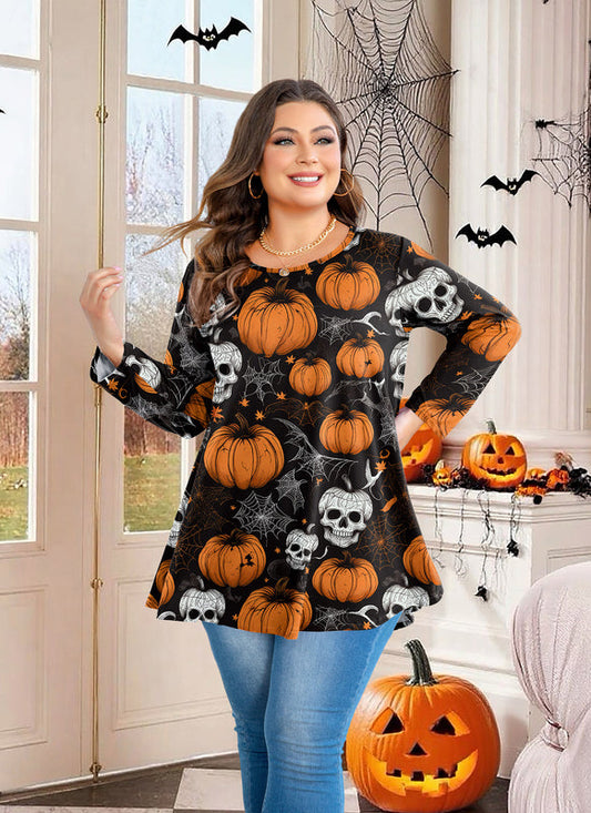 Halloween Pumpkin Skull Print Tunic Top – Women's Plus Size 3/4 Sleeve Swing Blouse (S–7XL)