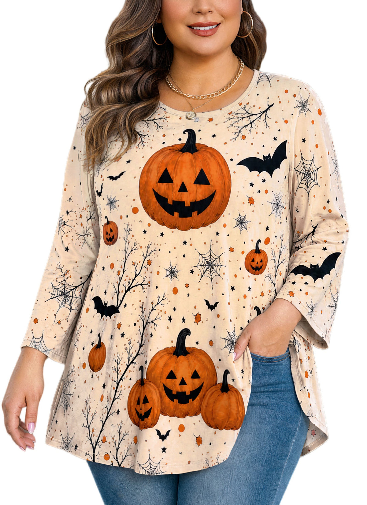 Women's Halloween Pumpkin Tunic Top – 3/4 Sleeve, Plus Size
