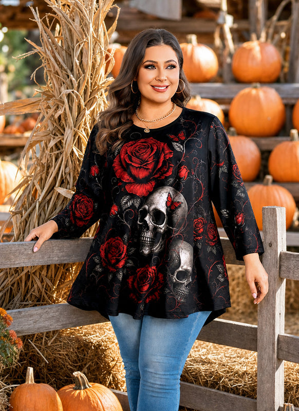 Women's Red & Black Plus Size Swing Tunic Top – 3/4 Sleeve Flowy Blouse