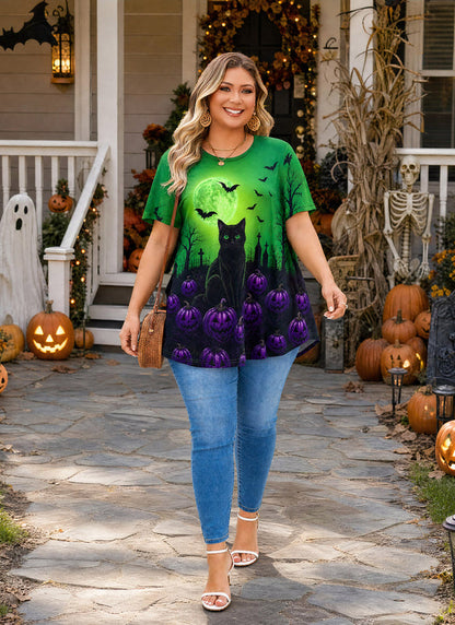 Women's Halloween Green Tunic Top – Witchy Print, Plus Size