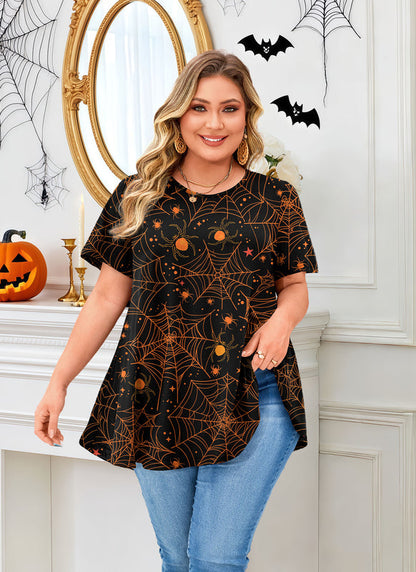 Women's Plus Size Halloween Tunic Top – Short Sleeve Festive Swing Blouse