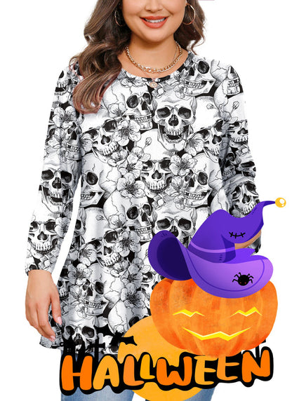 Halloween Skull Floral Print Tunic Top – Women's Plus Size Long Sleeve Swing Blouse (S–7XL)