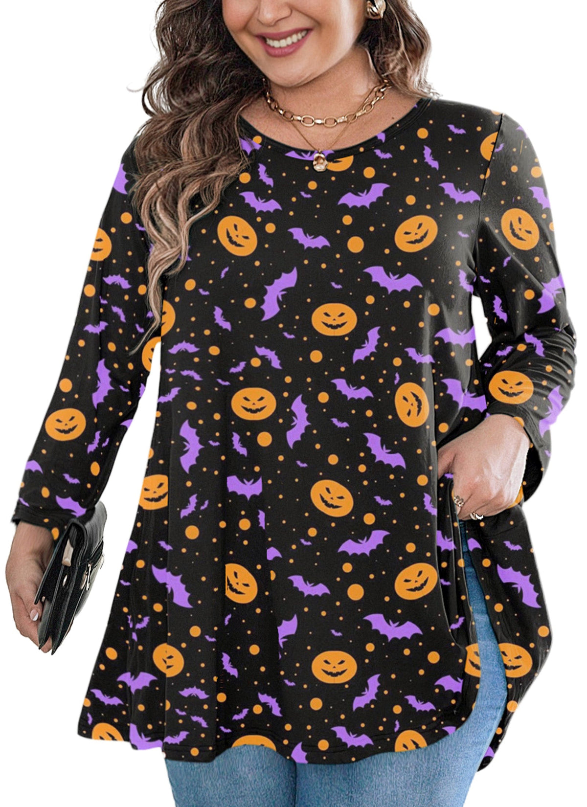 Women's Plus Size Halloween Tunic Top | 3/4 Sleeve Swing Blouse, Flowy Fit, Wear with Leggings – Orange, XL to 4XL