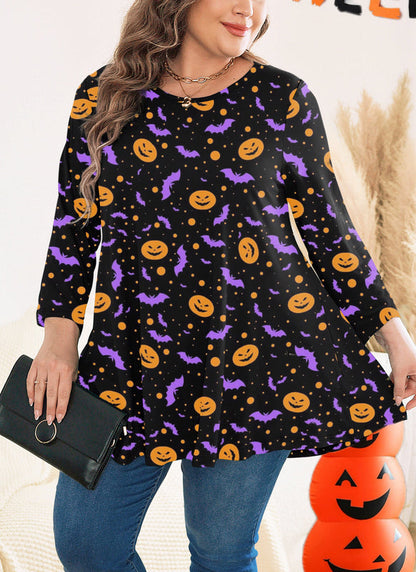 Women's Plus Size Halloween Tunic Top | 3/4 Sleeve Swing Blouse, Flowy Fit, Wear with Leggings – Orange, XL to 4XL