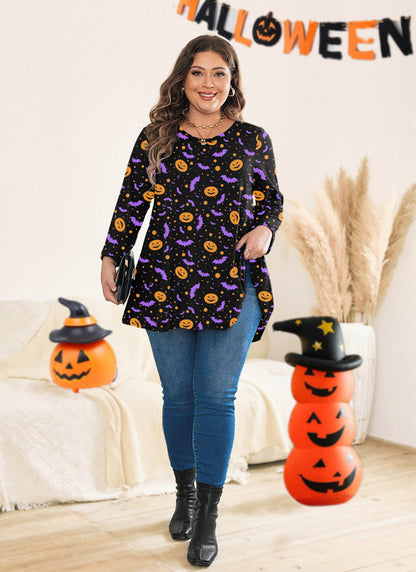 Women's Plus Size Halloween Tunic Top | 3/4 Sleeve Swing Blouse, Flowy Fit, Wear with Leggings – Orange, XL to 4XL