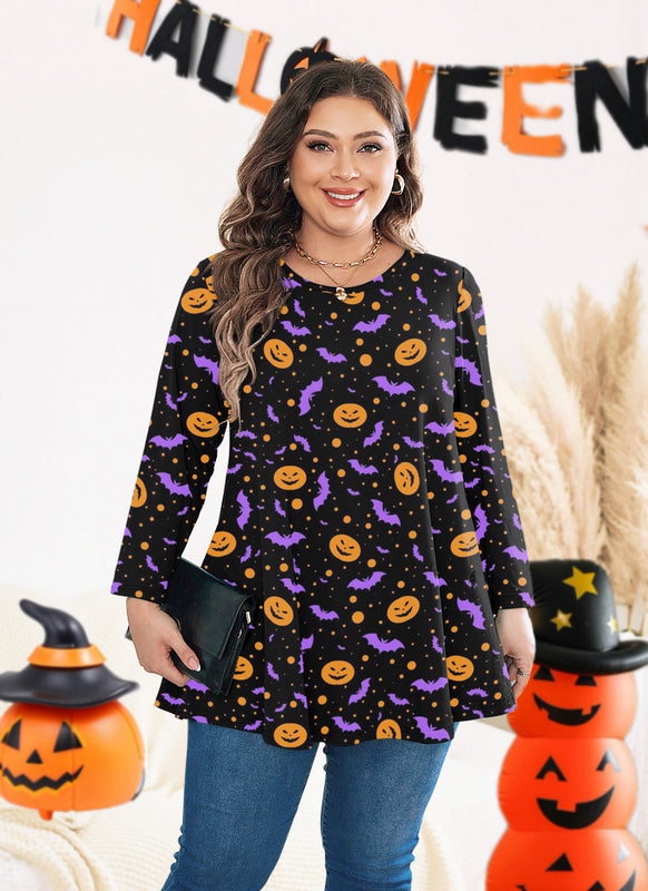 Women's Plus Size Halloween Tunic Top | 3/4 Sleeve Swing Blouse, Flowy Fit, Wear with Leggings – Orange, XL to 4XL