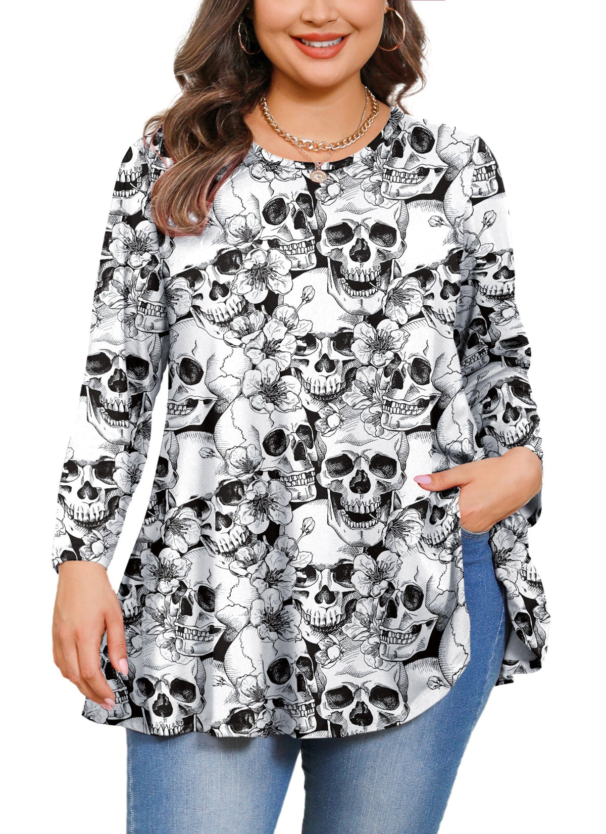 Halloween Skull Floral Print Tunic Top – Women's Plus Size Long Sleeve Swing Blouse (S–7XL)