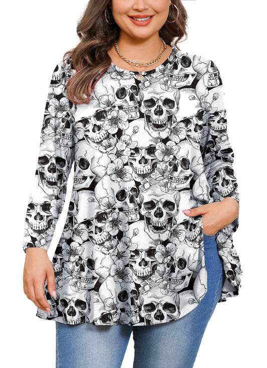 Halloween Skull Floral Print Tunic Top – Women's Plus Size Long Sleeve Swing Blouse (S–7XL)