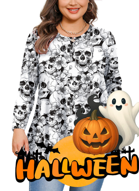 Halloween Skull Floral Print Tunic Top – Women's Plus Size Long Sleeve Swing Blouse (S–7XL)