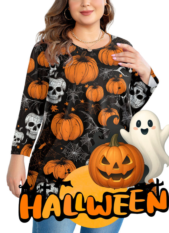 Halloween Pumpkin Skull Print Tunic Top – Women's Plus Size 3/4 Sleeve Swing Blouse (S–7XL)