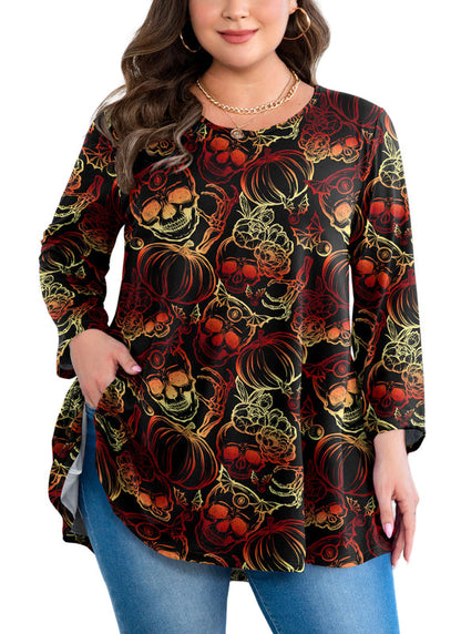 Women's Plus Size Halloween Tunic Top – 3/4 Sleeve Spooky Swing Flare Blouse
