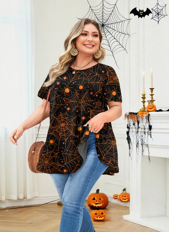 Women's Plus Size Halloween Tunic Top – Short Sleeve Festive Swing Blouse