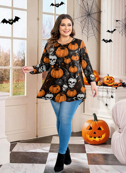 Halloween Pumpkin Skull Print Tunic Top – Women's Plus Size 3/4 Sleeve Swing Blouse (S–7XL)