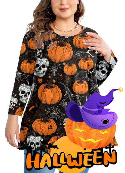 Halloween Pumpkin Skull Print Tunic Top – Women's Plus Size 3/4 Sleeve Swing Blouse (S–7XL)