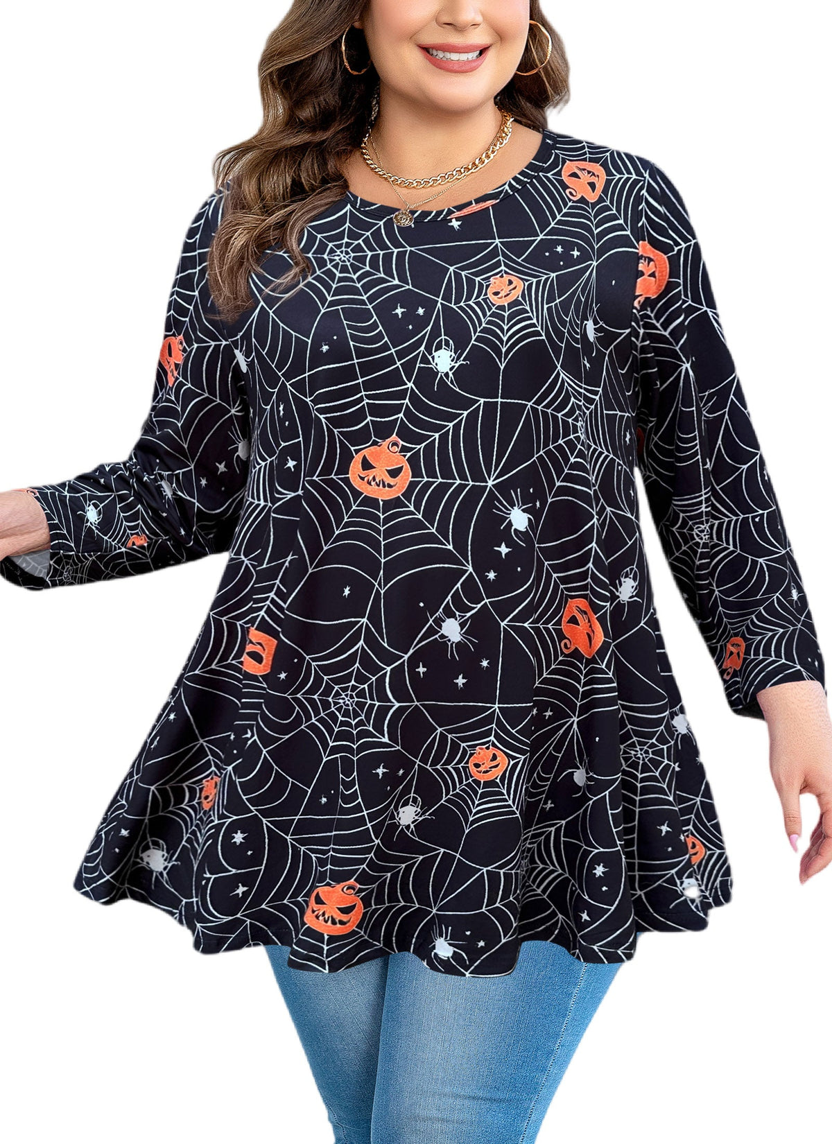 Women's Plus Size Halloween Tunic Top – 3/4 Sleeve Swing Flare Blouse