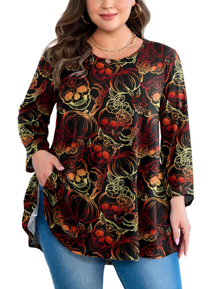 Women's Plus Size Halloween Tunic Top – 3/4 Sleeve Spooky Swing Flare Blouse