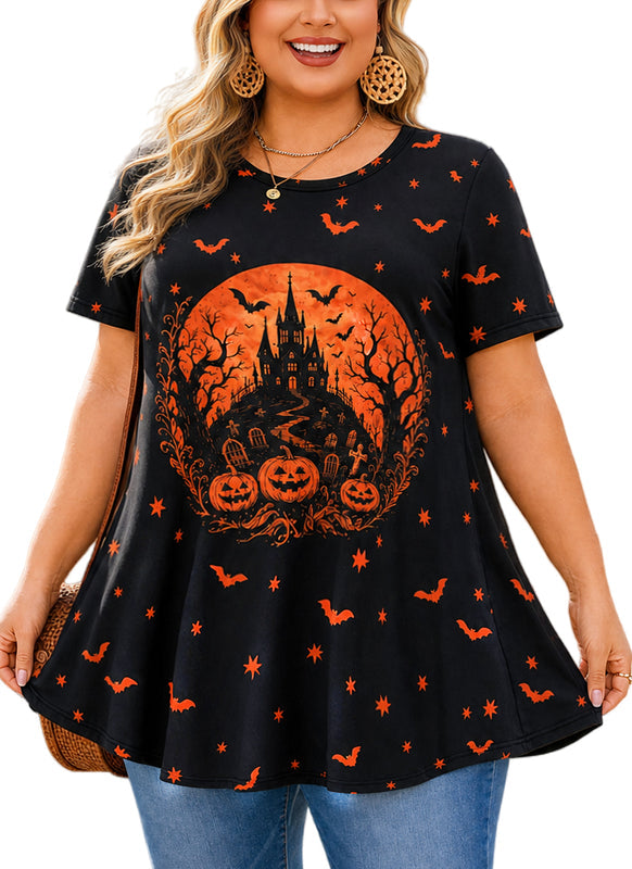 Women's Halloween Black & Orange Tunic Top – Graphic Print, Plus Size