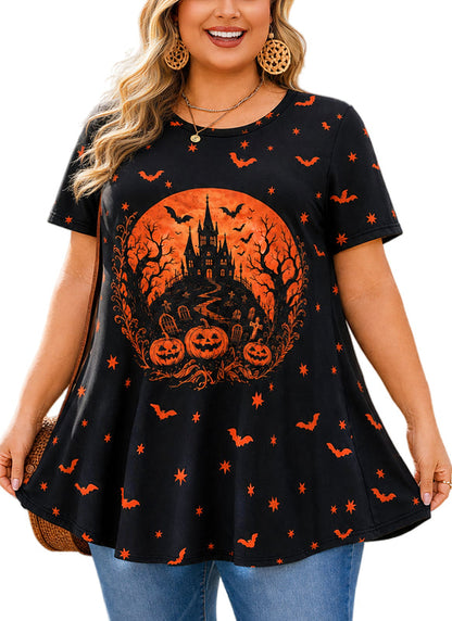 Women's Halloween Black & Orange Tunic Top – Graphic Print, Plus Size