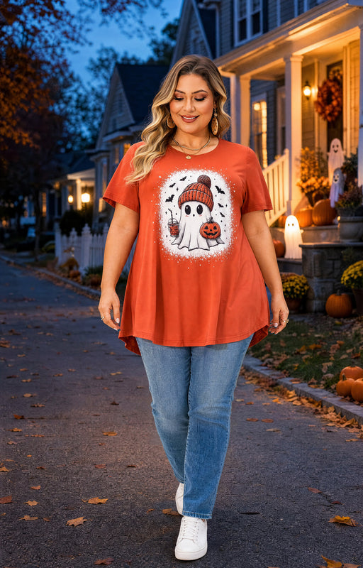 Women's Halloween Orange Tunic Top – Festive Print, Plus Size