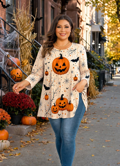 Women's Halloween Pumpkin Tunic Top – 3/4 Sleeve, Plus Size