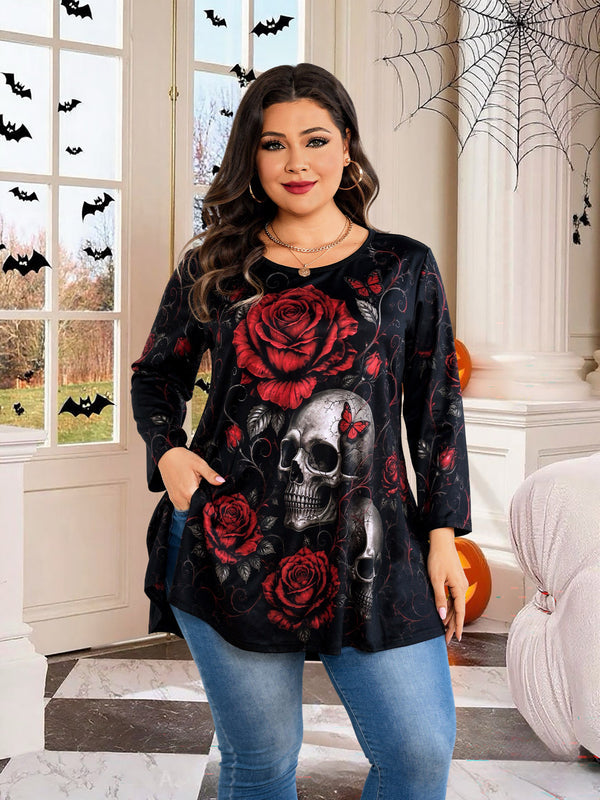 Women's Red & Black Plus Size Swing Tunic Top – 3/4 Sleeve Flowy Blouse