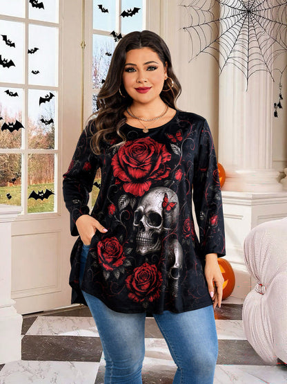 Women's Red & Black Plus Size Swing Tunic Top – 3/4 Sleeve Flowy Blouse