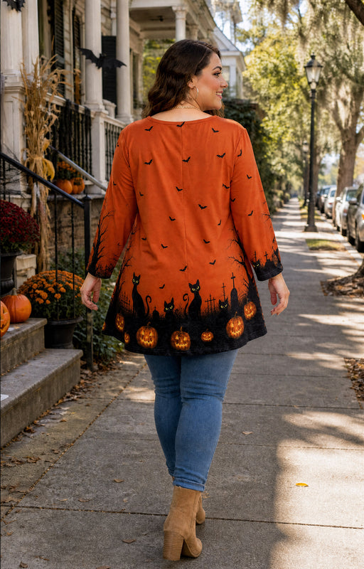 Women's Orange & Black Swing Tunic Top – 3/4 Sleeve, Plus Size