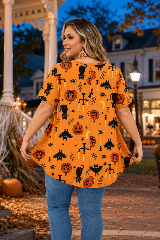 Women's Halloween Orange Swing Tunic Top – Short Sleeve, Plus Size