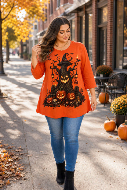 Women's Orange Swing Tunic Top – 3/4 Sleeve, Plus Size
