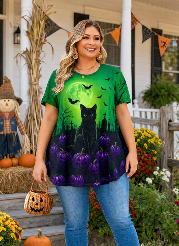 Women's Halloween Green Tunic Top – Witchy Print, Plus Size