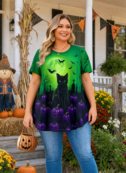 Women's Halloween Green Tunic Top – Witchy Print, Plus Size
