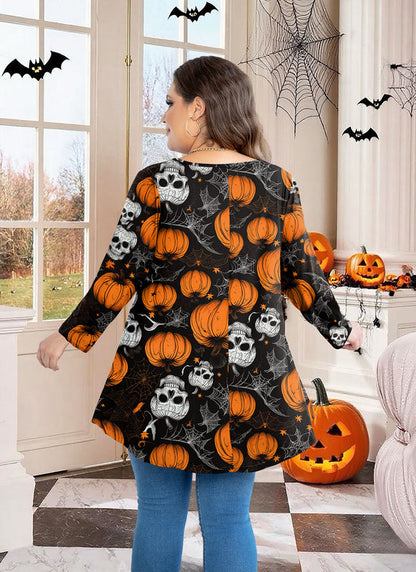Halloween Pumpkin Skull Print Tunic Top – Women's Plus Size 3/4 Sleeve Swing Blouse (S–7XL)