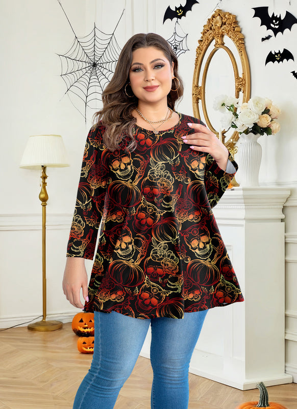 Women's Plus Size Halloween Tunic Top – 3/4 Sleeve Spooky Swing Flare Blouse