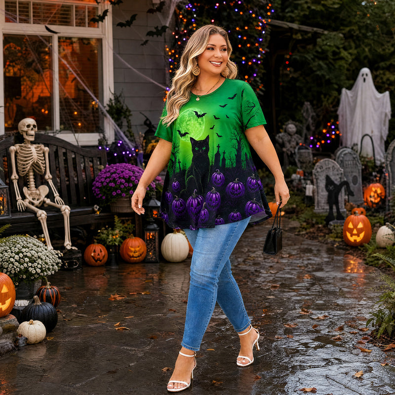 Women's Halloween Green Tunic Top – Witchy Print, Plus Size