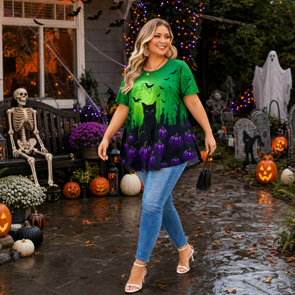 Women's Halloween Green Tunic Top – Witchy Print, Plus Size